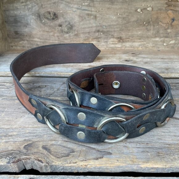 Vintage Biker Motorcycle Belt Leather Strap Black /  Brown with Rings & Rivets - Picture 9 of 14
